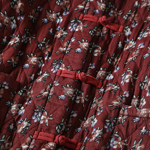 Vestido de lino y algodón acolchado con estampado floral retro de invierno 