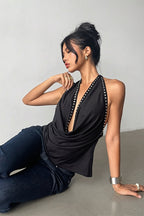 Halter Deep V Backless Rivet Fitted Tank Top