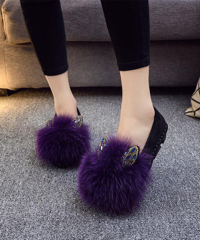 Purple Flat Shoes For Women Splicing Fuzzy Fur Zircon