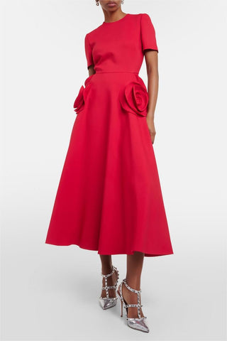 Vestido midi rojo de manga corta con cuello redondo y estampado floral 3D 