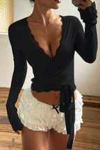 Lace Trim V Neck Tie Long Sleeve Blouse