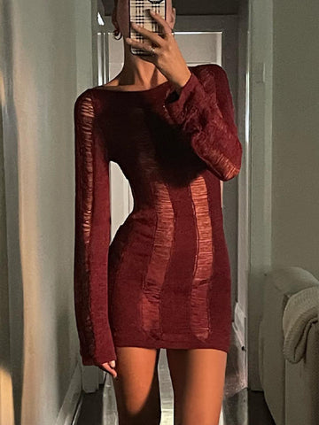 TARUXY Sexy Sheer Strickkleid Damen Bodycon Langarm Aushöhlen Minikleider Femme Club Sexy Backless Strickkleid Damen 