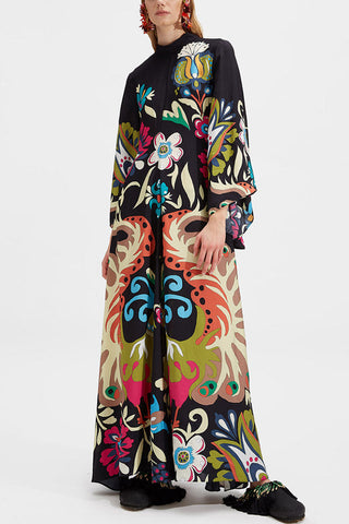 Shine The Light Unique Printed High Neck Bell Sleeve Loose Maxi Dress