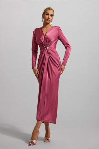 Solid Satin Faux Pearl Knotted Midi Dress