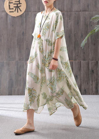 Ropa de lino francesa para mujer, vestido de cuello redondo con estampado de lino y algodón de talla grande 