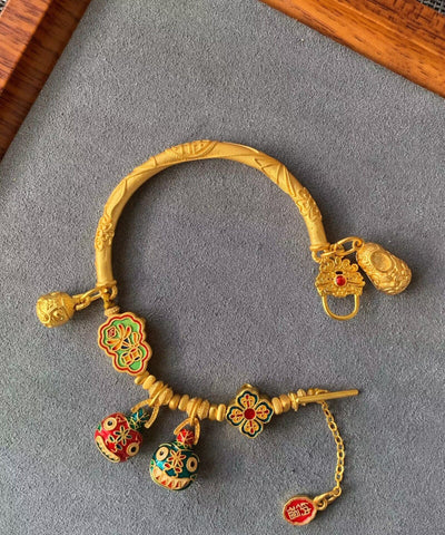 Pulsera con dije de esmalte de bestia devoradora de oro antiguo de estilo chino 