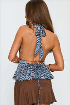 Vintage Zebra Print Backless Halter Tie Waist Sexy Halter Top