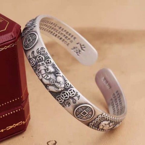 Sterling Silver Wealth Pixiu Heart Sutra Bracelet