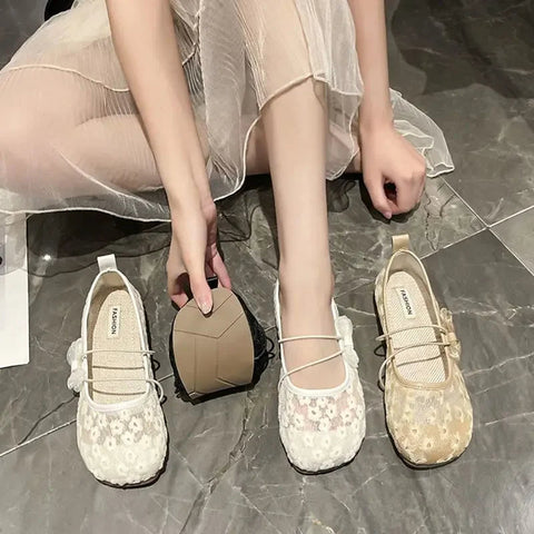 Off-white Mesh Japanese Style Lolita Cute Gothic Shoes for Women Kawaii Flat Flats Low Heel Elegant Round Toe Mary Jane on Offer