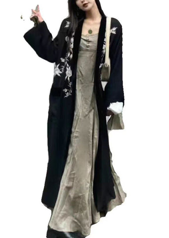 New Black Embroideried Cozy Cotton Long Cardigan Long Sleeve