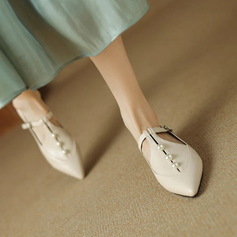 - Zapatos Mary Jane de punta puntiaguda con perlas y hebilla en T, cómodos, planos y mocasines para mujer, tallas grandes 41, 42 y 43, para primavera y otoño.