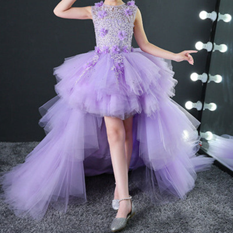 Vestido de comunión de verano para niñas, sin mangas, con bordado de lentejuelas, vestido de princesa con cola 