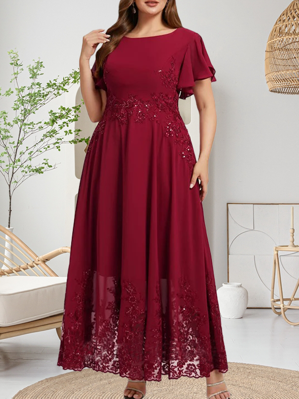 A-Linien-Kleid mit Rundhalsausschnitt, knöchellang, aus Spitze und Chiffon, mit Pailletten besetzt