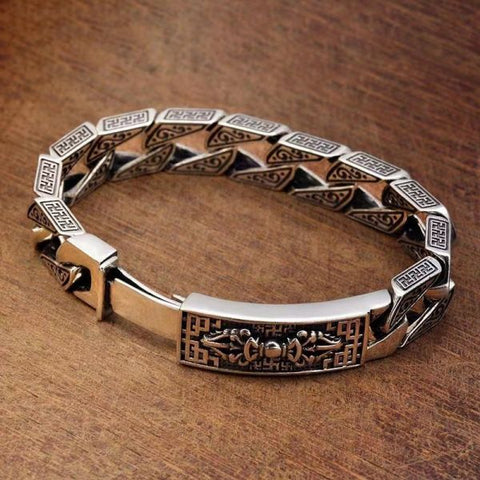 Sterling Silver Six Character Truth Vajra Pestle Protection Curb Chain Bracelet