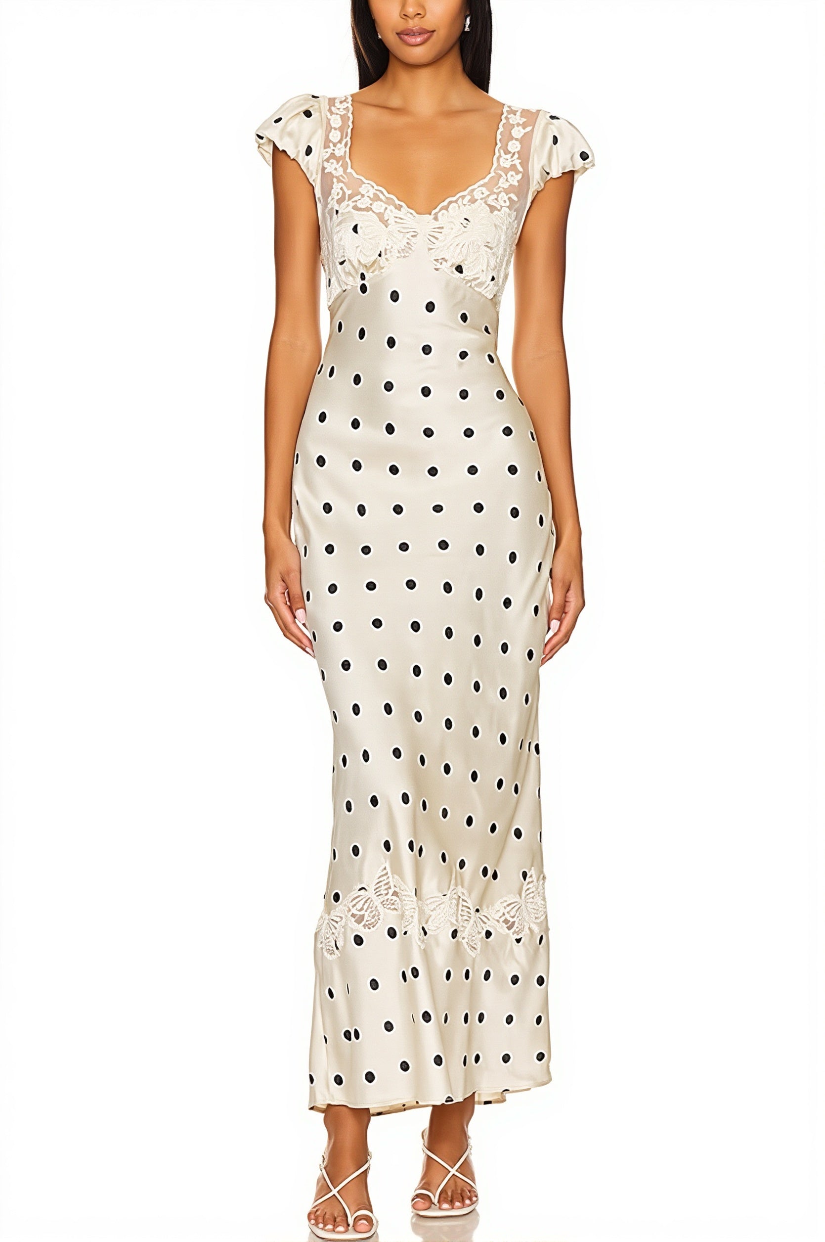 Lace Splice Satin Polka Dot Maxi Dress