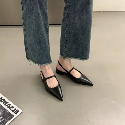 Sandalias de verano con punta puntiaguda para mujer, zapatos planos de tacón bajo a la moda, elegantes zapatos de oficina para exteriores, tipo mulas con tira trasera. 