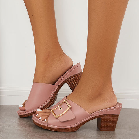 Buckle Decor Chunky Block Heel Mules Slide Sandals