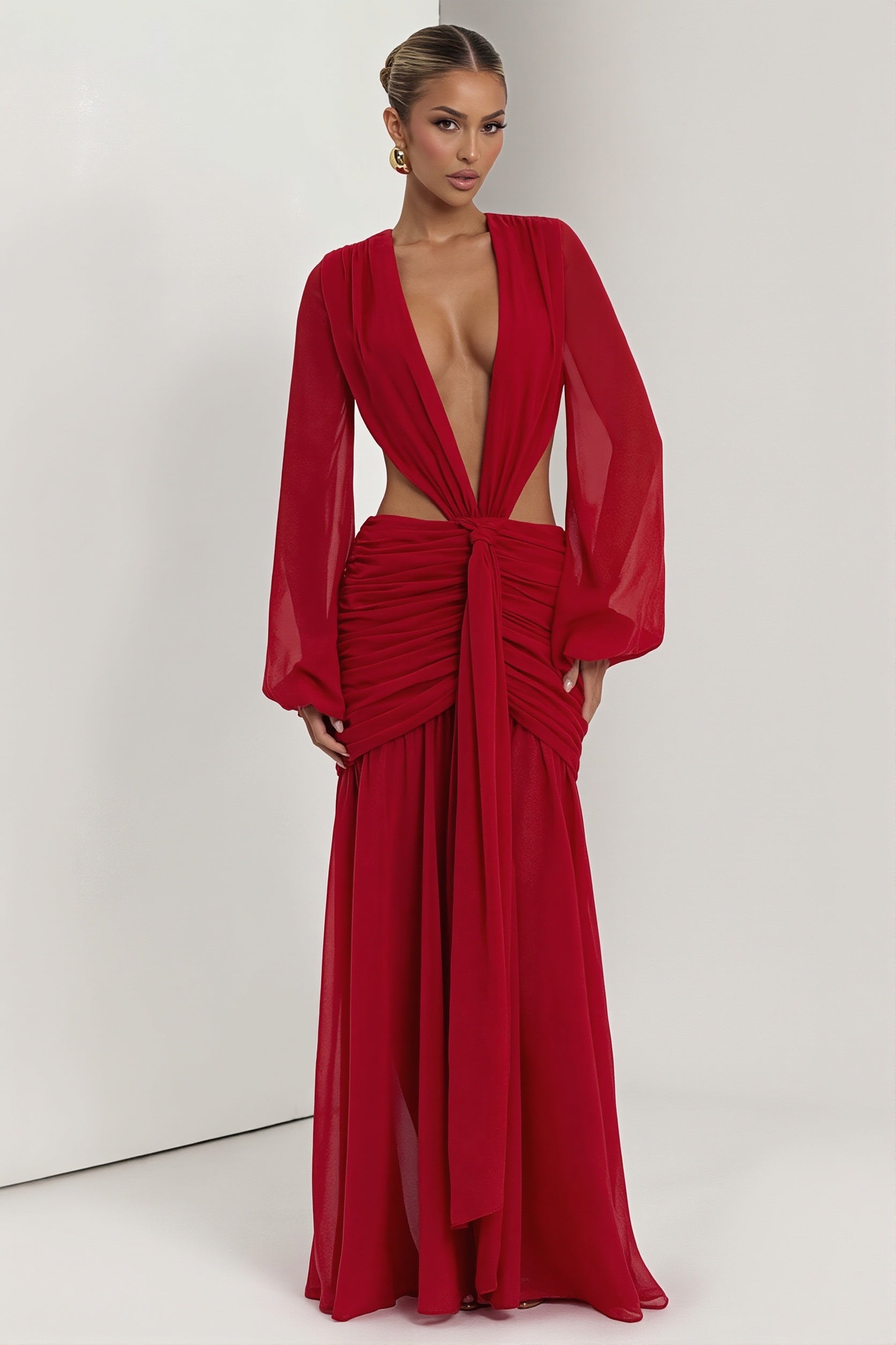 Chiffon Sheer Long Sleeve Cutout Maxi Dress