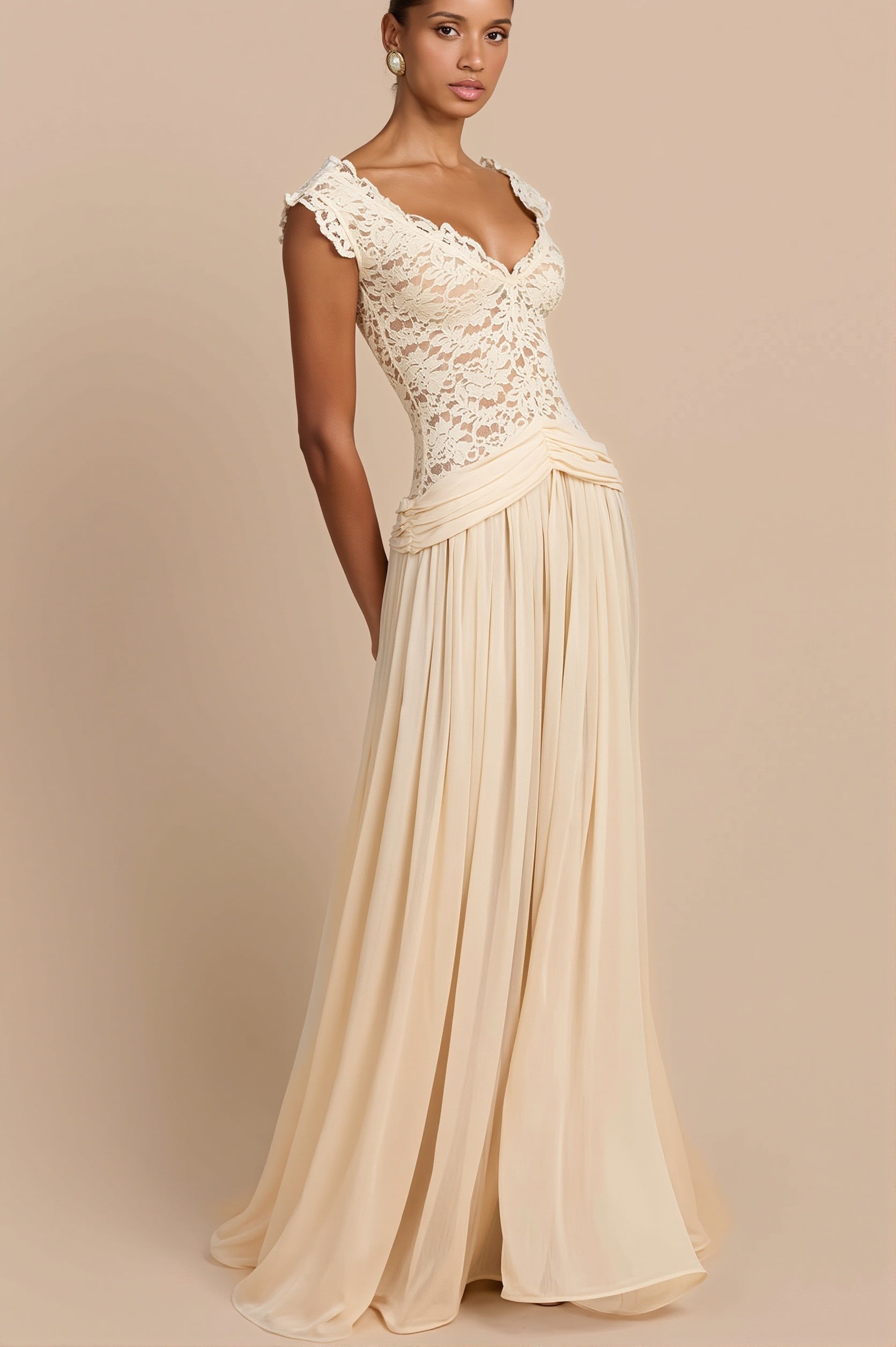 Sheer Lace V Neck Elegant Maxi Dress