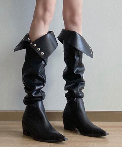 Botas de moda con tacón grueso y empalme de piel sintética negra 