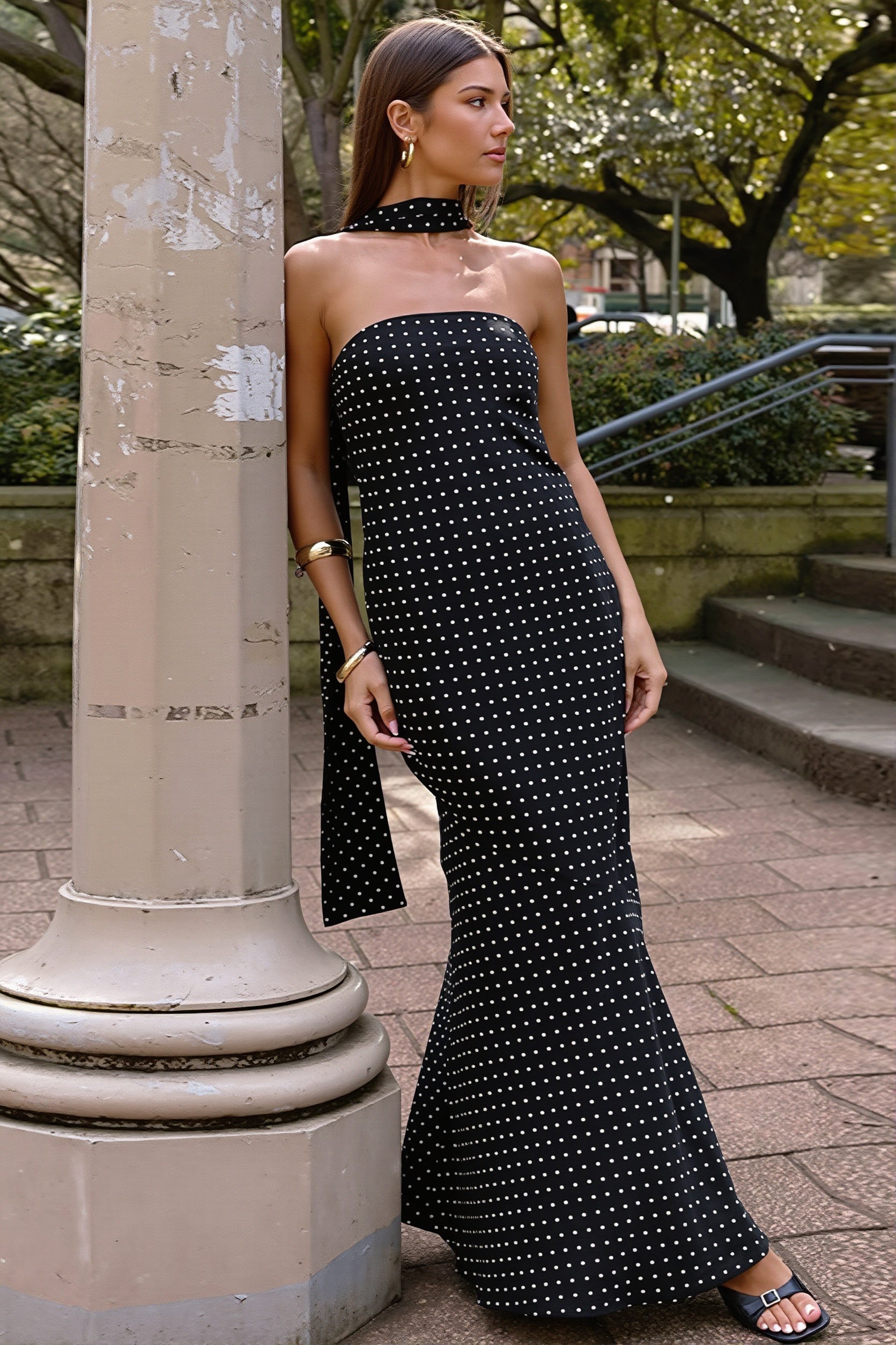 Chic Polka Dot Strapless Tie Waist Slim Maxi Dress