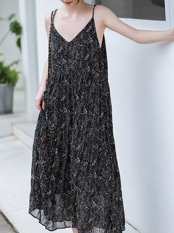 Women Vintage Floral Pleat V-Neck Loose Vest Dress