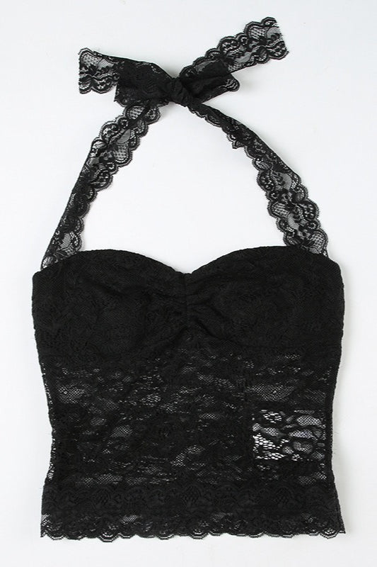 Ruched Tie Lace Sexy Slim Halter Top