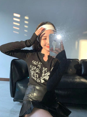 Top corto de manga larga, ropa grunge, camiseta vintage con letras, ropa estética, estilo coreano, top ajustado elegante de otoño Y2K, ropa de calle 