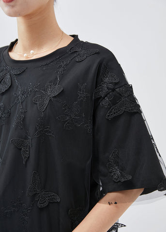 Blusa de tul con mariposas bordadas en negro para mujer, verano 