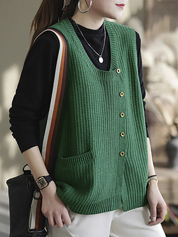 Plus Size Women Spring Knitted Button Sleeveless Vest Waistcoat Sweater