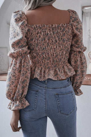 Lässiger Druck Volant Falten Quadrat Kragen Tops 