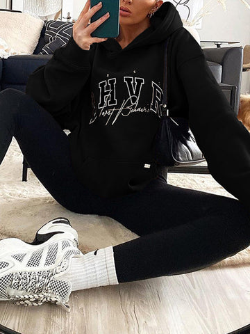 Long Sleeves Loose Keep Warm Letter Print Velvet Hooded Hoodies Tops