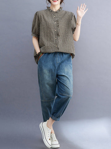 Loose Oversize Plaid Pleated Split-Joint V-Neck Blouses