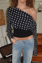 Vintage One Shoulder Slim Fit Polka Dot Blouse