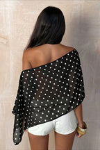 Chiffon Polka Dot Asym Shoulder Blouse