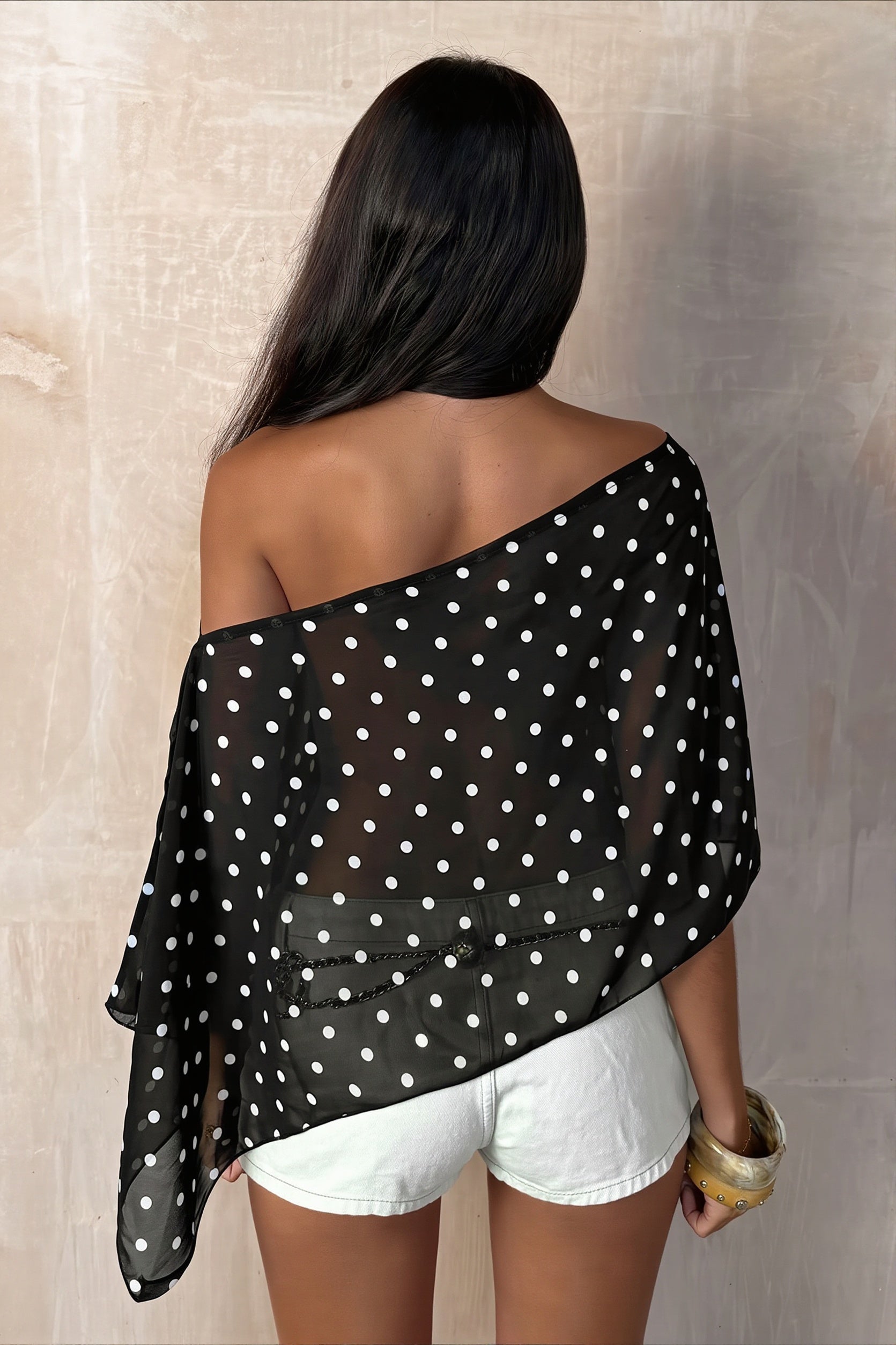 Chiffon Polka Dot Asym Shoulder Blouse