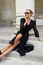 Polka Dot Print V-Neck Long Sleeve Maxi Dress