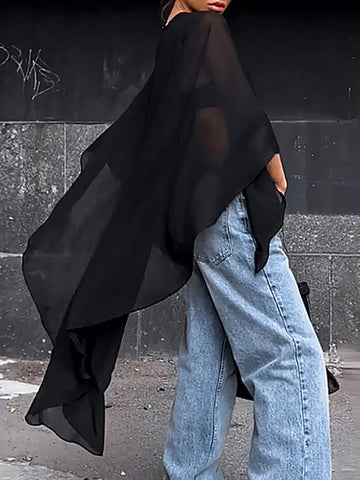 Capelet High-Low See-Through Solid Color Round-Neck Blouses&Shirts Tops