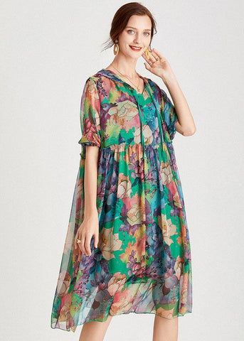 Vestido veraniego de gasa verde holgado con capucha y media manga para vacaciones 