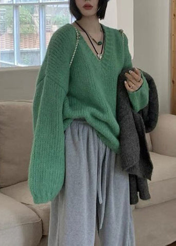Suéter de punto de algodón liso con cuello en V verde para mujer, manga larga 