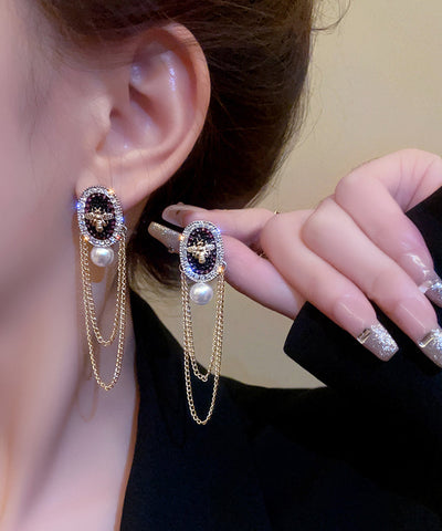 Pendientes colgantes con borlas de circonitas, cristales y perlas de aleación de oro a la moda 