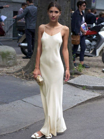 Ecru White Slipdress Back Zipper Sexy Summer Casual Maxi Dresses