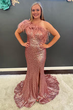Mermaid Strapless White Sequins Plus Size Prom Dress with Feathers