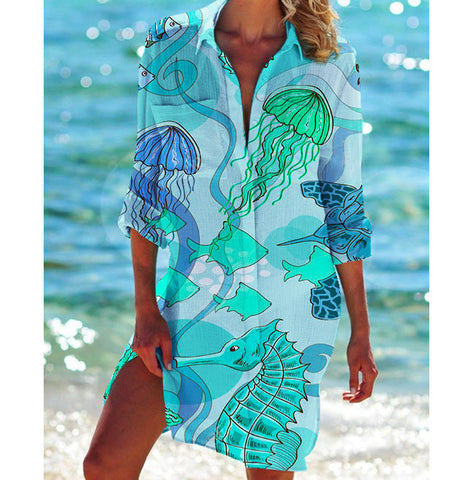 Bikini Coat Swimsuit Cardigan Women's Printed Holiday Beach Shirt