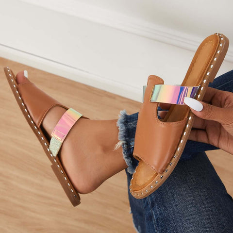 Bunte, offene Zehenpartie zum Hineinschlüpfen, flache Hausschuhe, Slide-Sandalen 