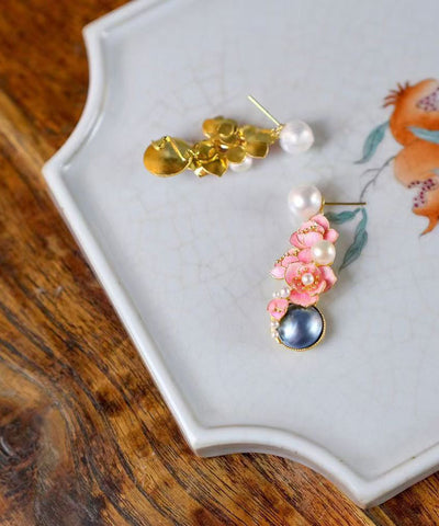 New Pink Sterling Silver Pearl Floral Stud Earrings