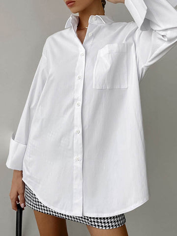 Lange Ärmel, lockere geknöpfte Taschen, einfarbige Reversblusen und Hemden 