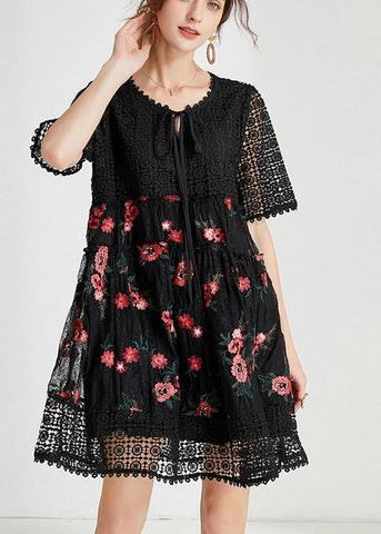 Vestido de verano con lazo de encaje bordado negro para mujer 