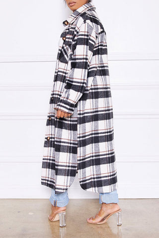 Casual Plaid Print Patchwork Buckle Turndown Collar Outerwear