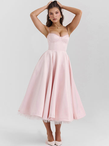 Pink Corset Dress Spaghetti Straps Backless Brunch Birthday Party Midi Dresses